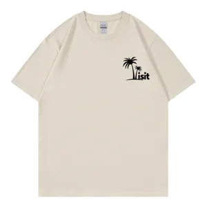 Casual beige short sleeve t-shirt featuring a summer palm tree graphic print for women.