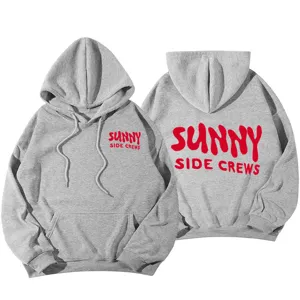 Grey hooded sweatshirt for women, drop shoulder design with red letter print on chest and back.
