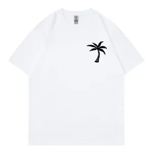 Casual white t-shirt featuring a stylish black palm tree print, comfortable short sleeve design.