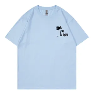 Light blue short sleeve t-shirt with chest palm tree graphic casual summer top for women.