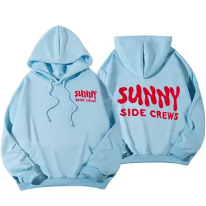 Light blue hooded sweatshirt for women, dropped shoulder design with letter print.