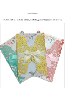 Laser-cut floral wedding invitation cards with silk ribbons in multiple colors, detail view