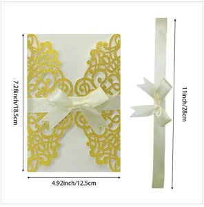 Dimension details for gold laser-cut wedding invitation card with elegant cream ribbon