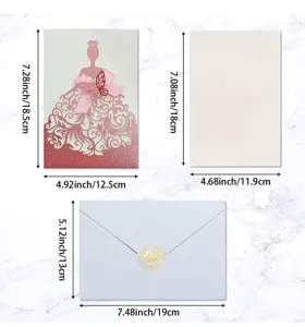 Detail view showing dimensions of laser-cut wedding invitation cover, card and envelope.