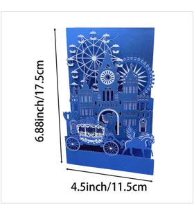 Intricate blue laser-cut 3D greeting card with dimensions 6.88x4.5 inches