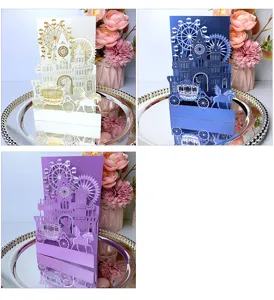 Exquisite 3D pop-up wedding invitation cards with laser-cut castle and ferris wheel design