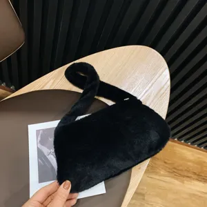 Black fluffy faux fur underarm bag for women with stylish minimalist design