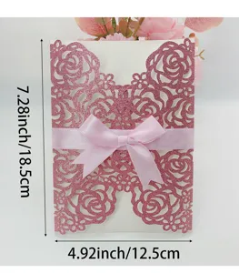 Elegant laser cut glitter pink wedding invitation card with 4.92x7.28 inches size indicators