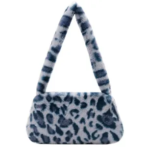 Detailed front view of blue leopard print faux fur vintage baguette shoulder bag