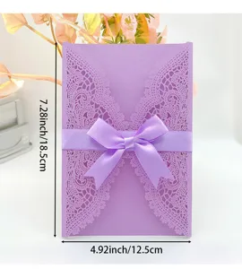 Detailed view of the purple laser-cut invitation card showing 18.5x12.5cm dimensions.