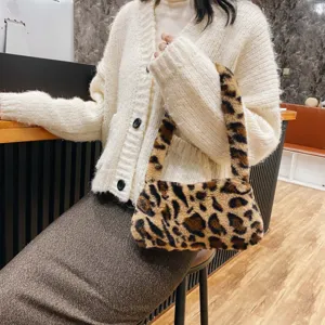 Stylish leopard print plush underarm shoulder bag for women, chic vintage autumn fashion