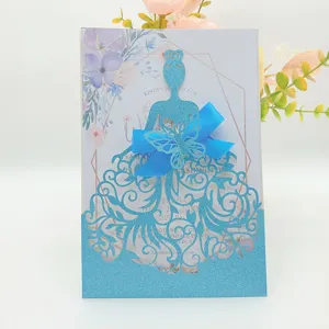Elegant laser-cut blue glitter wedding invitation card with princess dress and butterfly