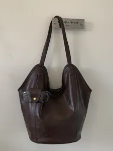 Vintage dark brown faux leather tote bag with large capacity and minimalist design