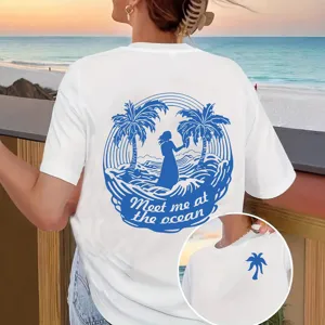 Cotton T-Shirt Meet Me At The Ocean Palm Tree Print Short Sleeve Round Neck Loose Casual Tee Top For Men Women Couples