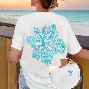 Unisex Casual Cotton Printed Top Breathable Resort Style Round Neck Short Sleeve Tee Loose Pullover Vacation Clothing