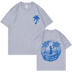 Grey cotton short sleeve t-shirt with blue palm tree and ocean back print casual top.