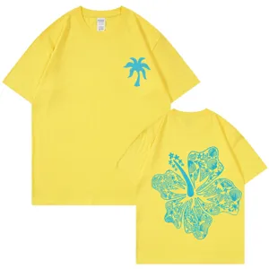 Yellow cotton short sleeve T-shirt with blue palm and floral back print for summer.