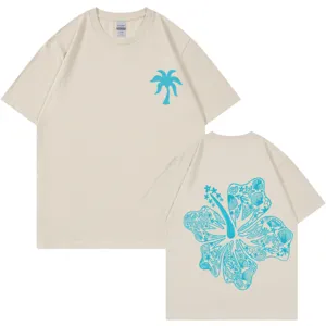 Casual 200g cotton short sleeve t-shirt beige with palm and floral print front and back.