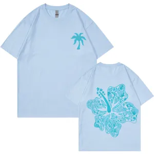 Classic cotton short-sleeve t-shirt featuring stylish tropical palm and floral back print.