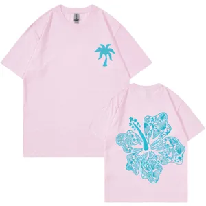 Pink cotton short sleeve t-shirt with palm tree chest print and floral back graphic.