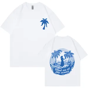 Casual white cotton t-shirt for men and women featuring a stylish blue ocean graphic print back.