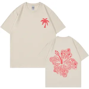 Herren Damen 200g Baumwolle beige T-Shirt tropische Palme Hibiskus Grafik Sommer Top.