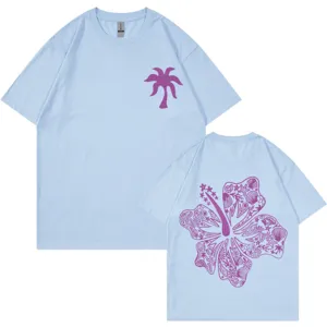 Light blue cotton short sleeve t-shirt with tropical palm and floral print for daily wear.