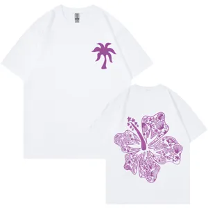 Unisex 100% cotton short sleeve t-shirt with front palm and back hibiscus flower graphic.