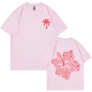 Rosa Baumwoll-Kurzarm-T-Shirt mit Palmen- und Blumen-Rückendruck für den Alltag.