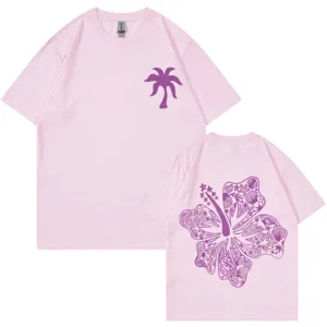 Pink cotton short sleeve t-shirt with palm tree and back hibiscus marine graphic design.