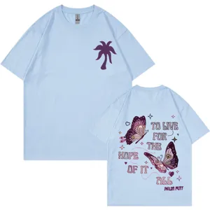 Lässiges hellblaues Baumwoll T-Shirt mit Palme und Schmetterling Grafik für den Alltag.
