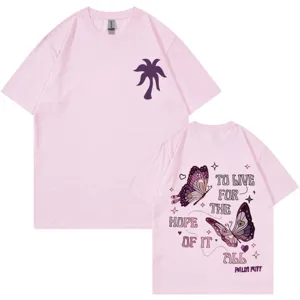 Rosa Grafik T-Shirt für Damen und Herren mit niedlichem Palmen und Schmetterling Druck.