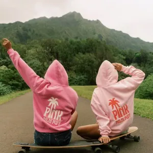 Sweat à Capuche Unisexe Imprimé Cocotier PINK PALM PUFF Pullover en Polaire Décontracté Ample à Manches Courtes pour Hommes Femmes