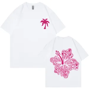 Oversize Damen T-Shirt in Weiß mit Palmen-Print vorn und großem Blumen-Druck hinten.