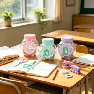 Cute mini barrel stationery set with portable stapler, colorful scissors and clear tape.