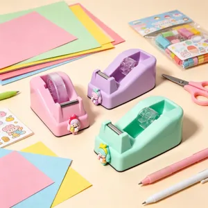 Cute cartoon girl tape dispenser, macaron color desktop stationery, office and school supply.