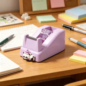 Cute panda tape dispenser for desktop, purple aesthetic office stationery and tape cutter tool.