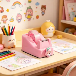 Pink cute cartoon tape dispenser detail shot on a cozy pastel desk with colorful pencils.
