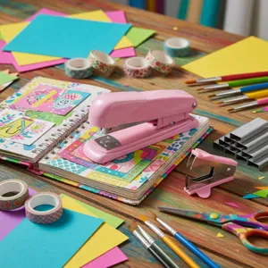 Pink macaron labor-saving stapler set, cute office and student stationery binding tool.