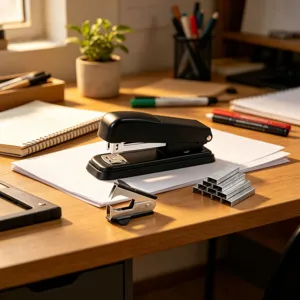 Detail view of black desktop stapler set with staple remover and staples on wooden office desk.