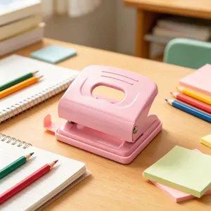 Rosa 2-Loch Papierlocher im Macaron-Design für Notizbücher, süße Büromaterial Detailansicht.