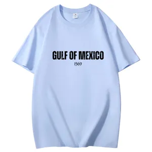 Lichtblauw katoenen ronde hals korte mouw t-shirt met Golf van Mexico 1569 opdruk hoofdaanzicht
