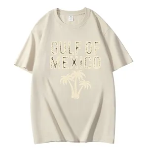 Casual beige cotton short-sleeve t-shirt with Gulf of Mexico graphic print for men and women.