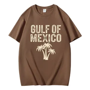 Casual brown short sleeve t-shirt with Gulf of Mexico palm tree graphic print for daily wear.