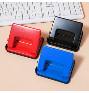 Heavy duty 2-hole puncher for office documents and paper binding, sturdy metal body, multi-color.