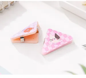 Detailed view of cute pink checkered triangle clips with bear and cat prints for stationery.