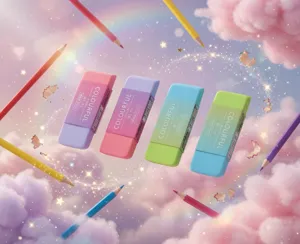 Macaron kleurverloop gum detailweergave, kleurrijke studenten kantoorartikelen in lucht.