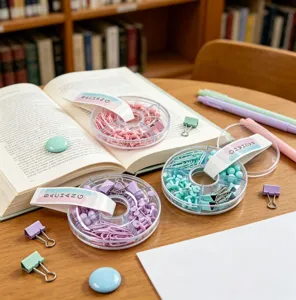 Macaron color office stationery set detail view featuring transparent storage box with clips.