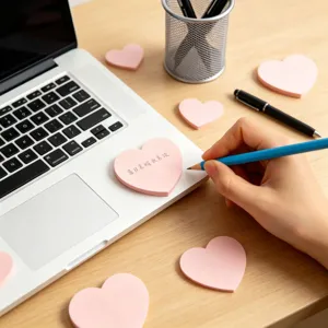Bloc-notes adhésifs créatifs en forme de cœur roses pour bureau et école détails.