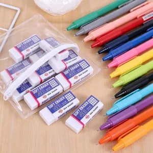 Kleurrijke gelpennen en transparant etui met 4B zachte gummen voor studenten en kantoor.